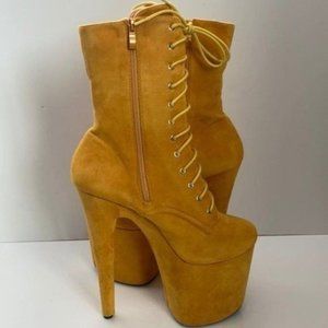 Ladies Yellow Faux Suede High Heel Lace-Up Platform Winter Dancer Boots Sz 12